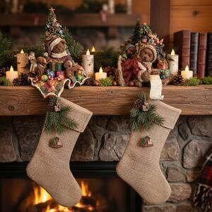 Grandeur Noel Bear Stocking Holders Pair-w Boxes-Christmas Mantel Set-Holiday